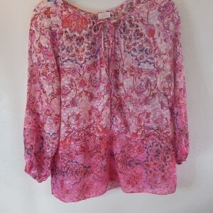 Ecru Pink Silk Floral Blouse Peasant Y2K 1960's babydoll Cottage Feminine L